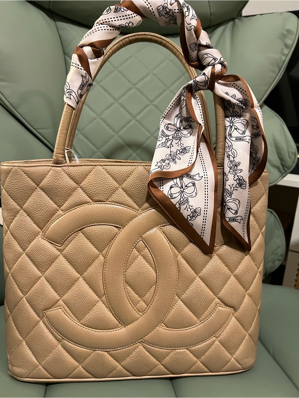 Authentic Preloved CHANEL Tan Quilted CC Tote with Certificate of Authenticity